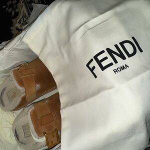 Fendi Sherling Slip ons in Caramello + Latte